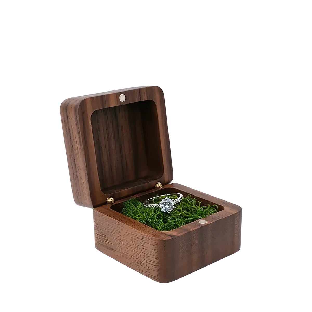 Wooden ring box proposal engagement holder with dark brown moss wooden finish hinged lid and moss-lined silver ring cradle