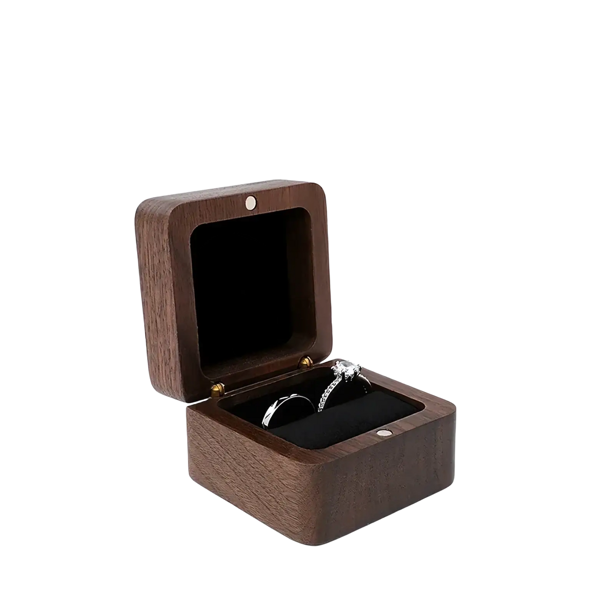Black wooden ring box with smooth dark finish and gold-toned hinges for proposal engagement holder