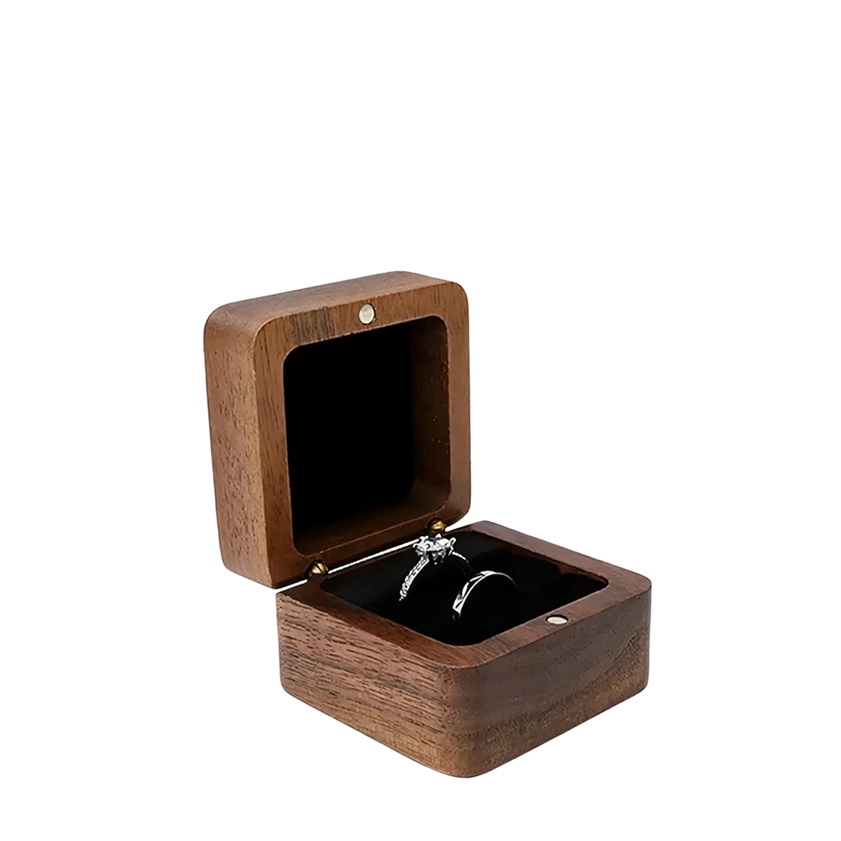 Black a4 double seat wooden ring box with smooth dark wood finish and black velvet interior for engagement proposals