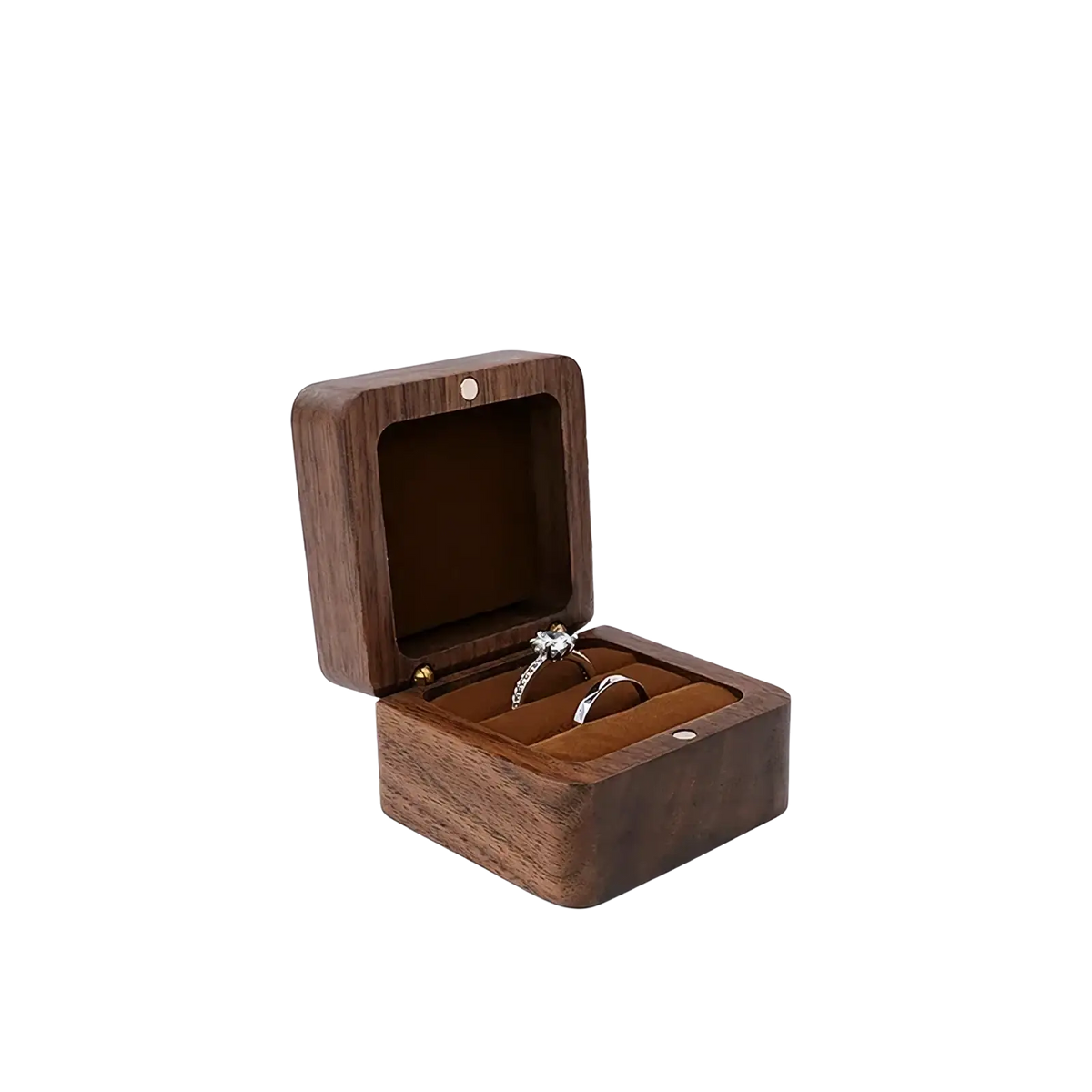 A dark brown wooden ring box with a soft tan interior designed to hold two rings for engagement proposals