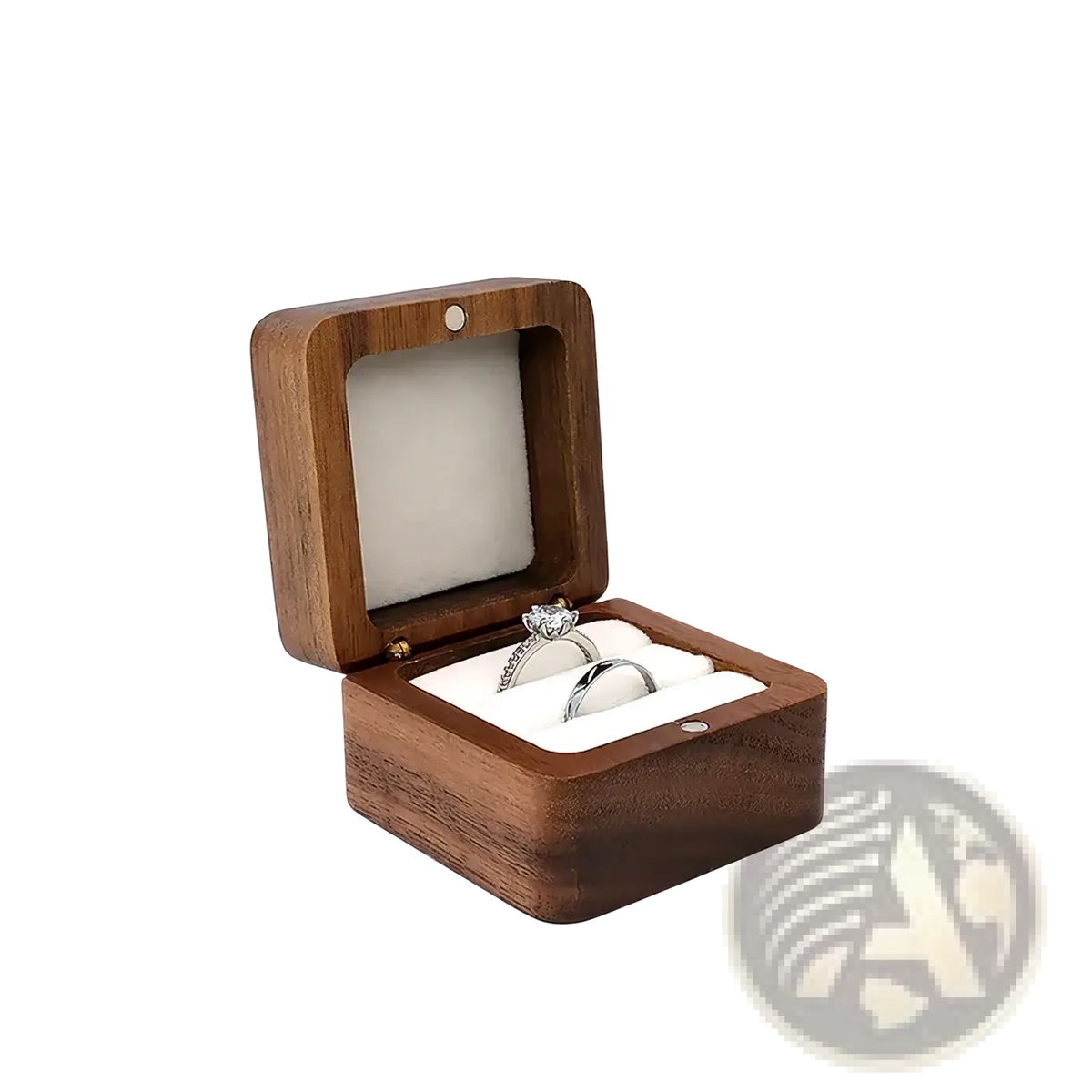 A dark brown wooden ring box with hinged lid and white cushioning holding two rings for engagement proposals