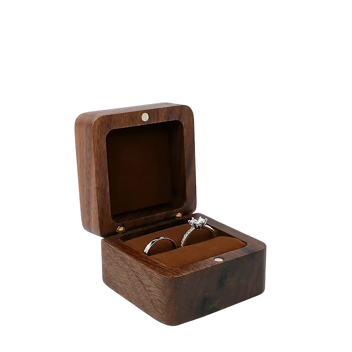 Dark brown wooden ring box with soft interior lining holding two rings for proposal engagement holder