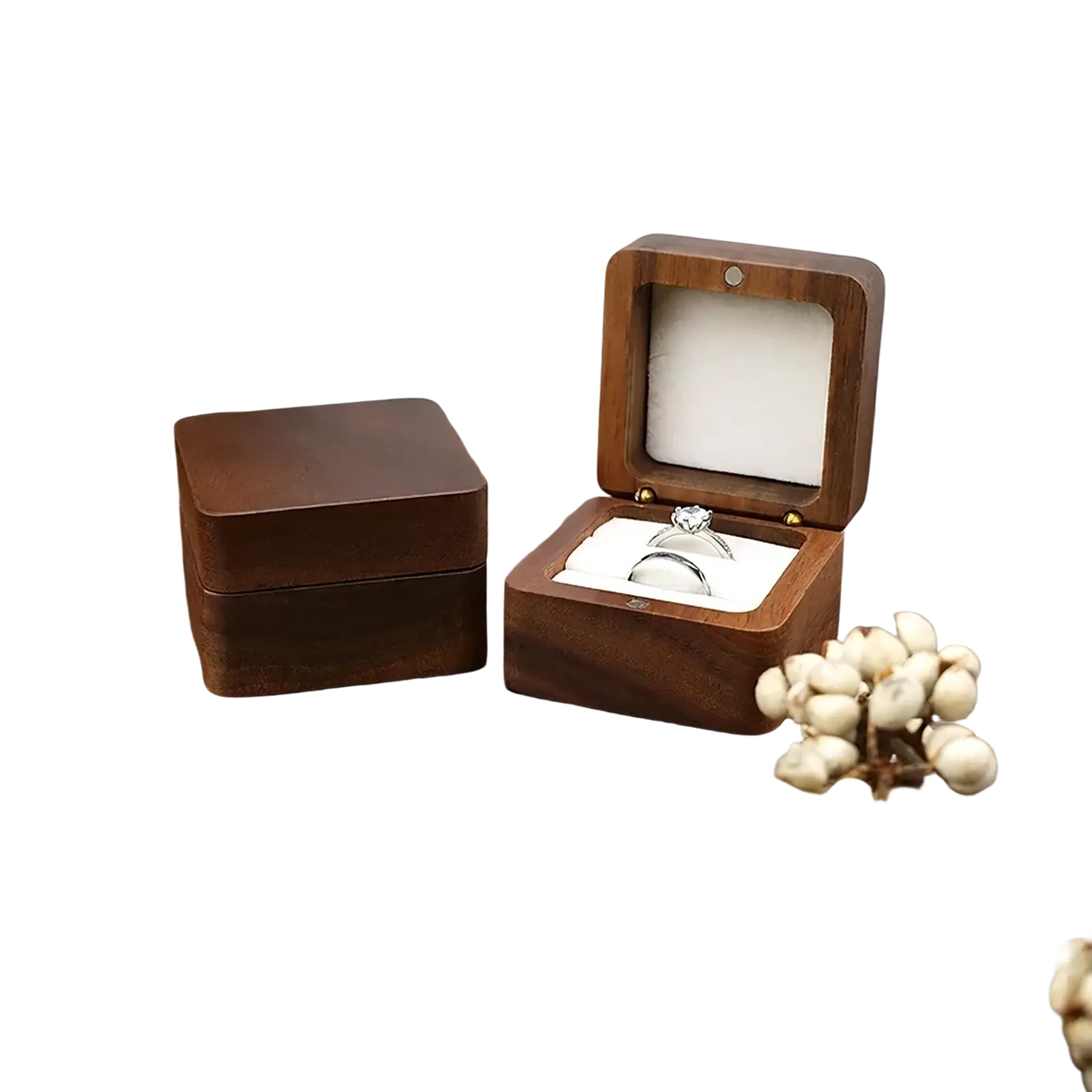 Wooden ring box proposal engagement holder with dark brown finish and white interior padding in a hinged design