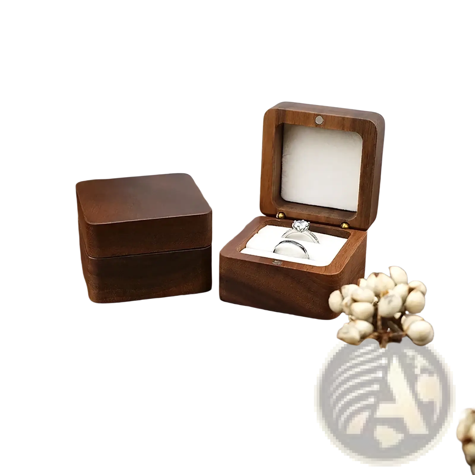 Wooden ring box proposal engagement holder with dark brown finish and white interior padding in a hinged design
