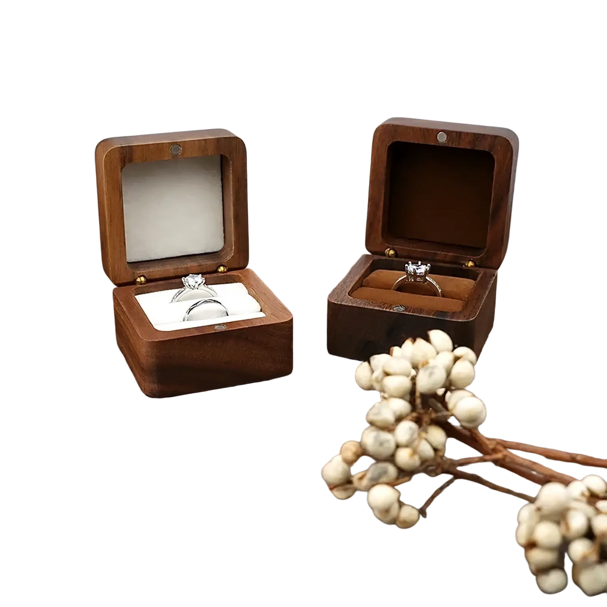 Wooden ring box proposal engagement holder with two dark brown square boxes, one open showing rings on white and orange cushions