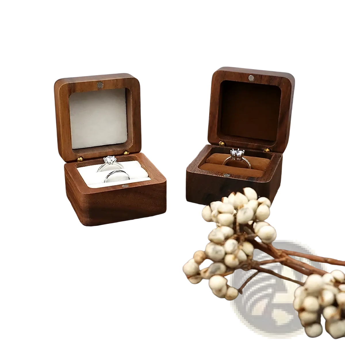 Wooden ring box proposal engagement holder with two dark brown square boxes, one open showing rings on white and orange cushions