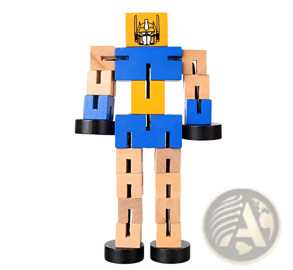 A colorful wooden robot toy with a yellow optimus prime helmet head and blue modular torso segments for kids