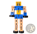 A colorful wooden robot toy with a yellow optimus prime helmet head and blue modular torso segments for kids
