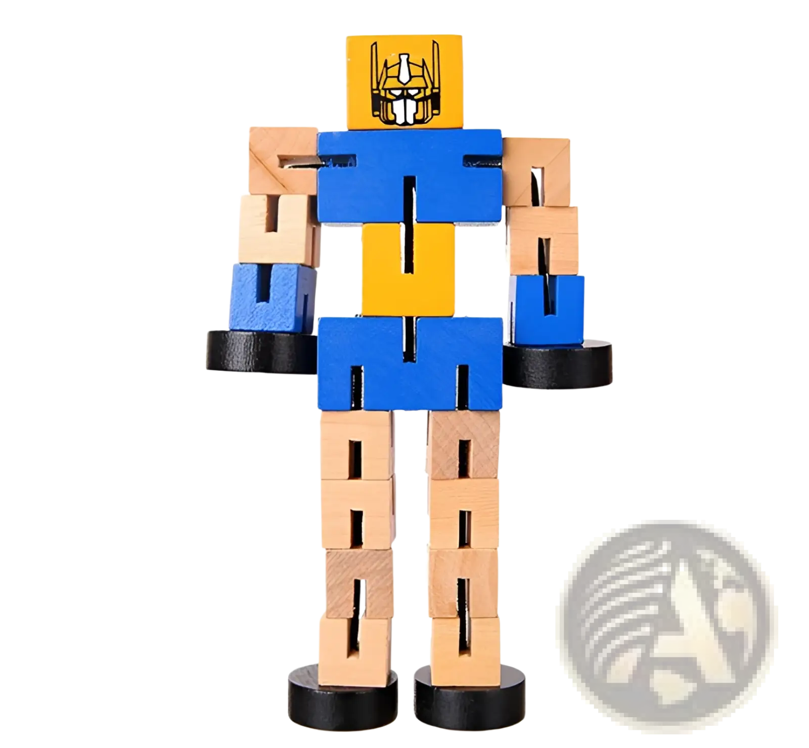 A colorful wooden robot toy with a yellow optimus prime helmet head and blue modular torso segments for kids