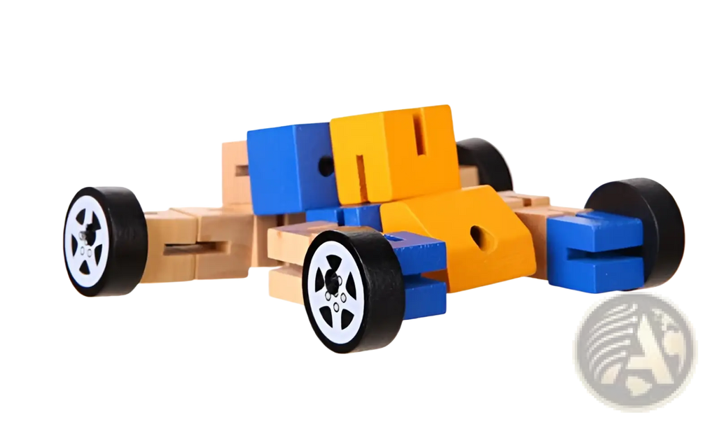 Colorful wooden block race car in blue orange and natural wood from wooden robot toys modular puzzle figures for kids
