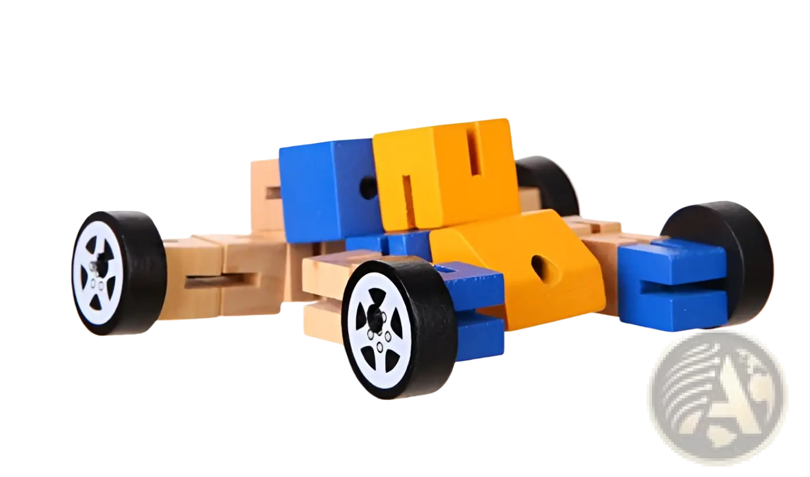 Colorful wooden block race car in blue orange and natural wood from wooden robot toys modular puzzle figures for kids