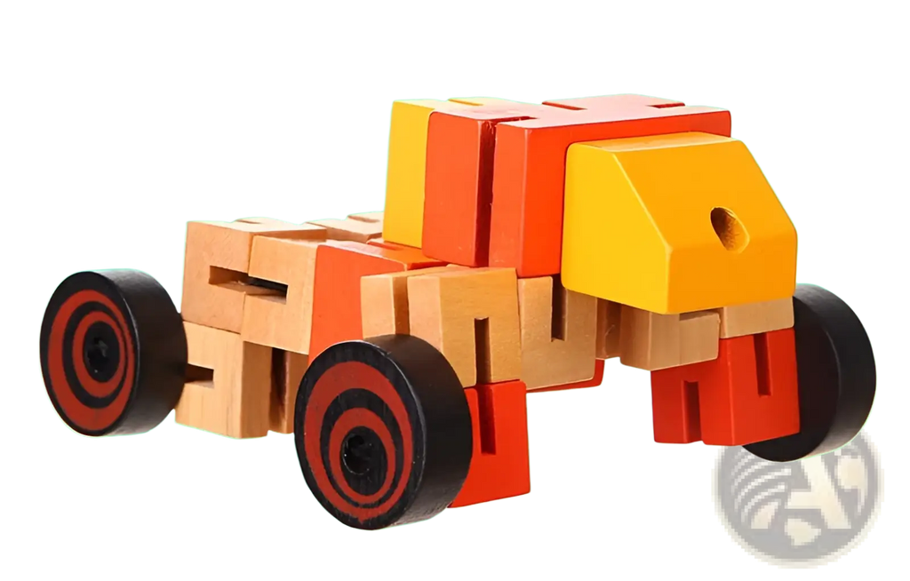 Wooden robot toys modular puzzle colorful wooden block car with red and yellow accents and black wheels for kids