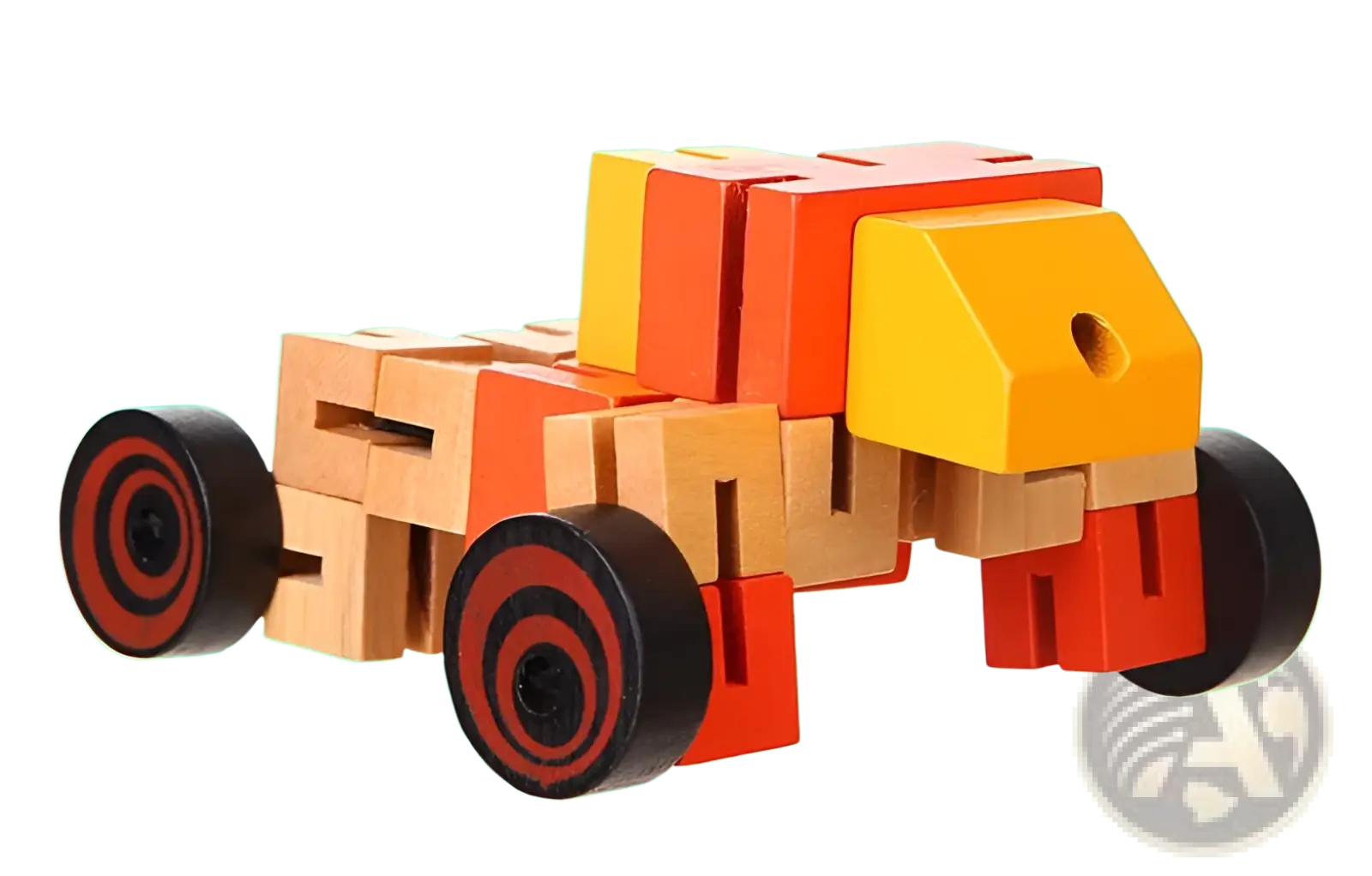 Wooden robot toys modular puzzle colorful wooden block car with red and yellow accents and black wheels for kids