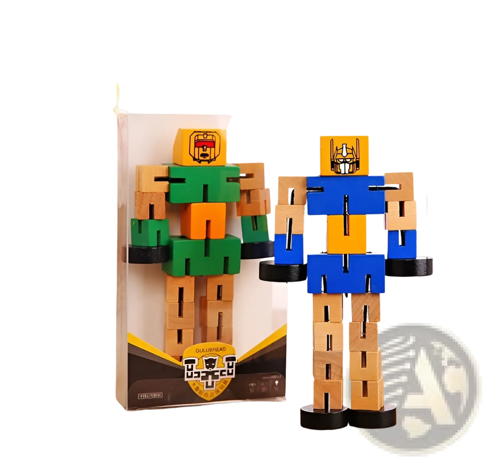 Colorful modular wooden robot toy with blue and yellow body and green arms designed as a puzzle figure for kids