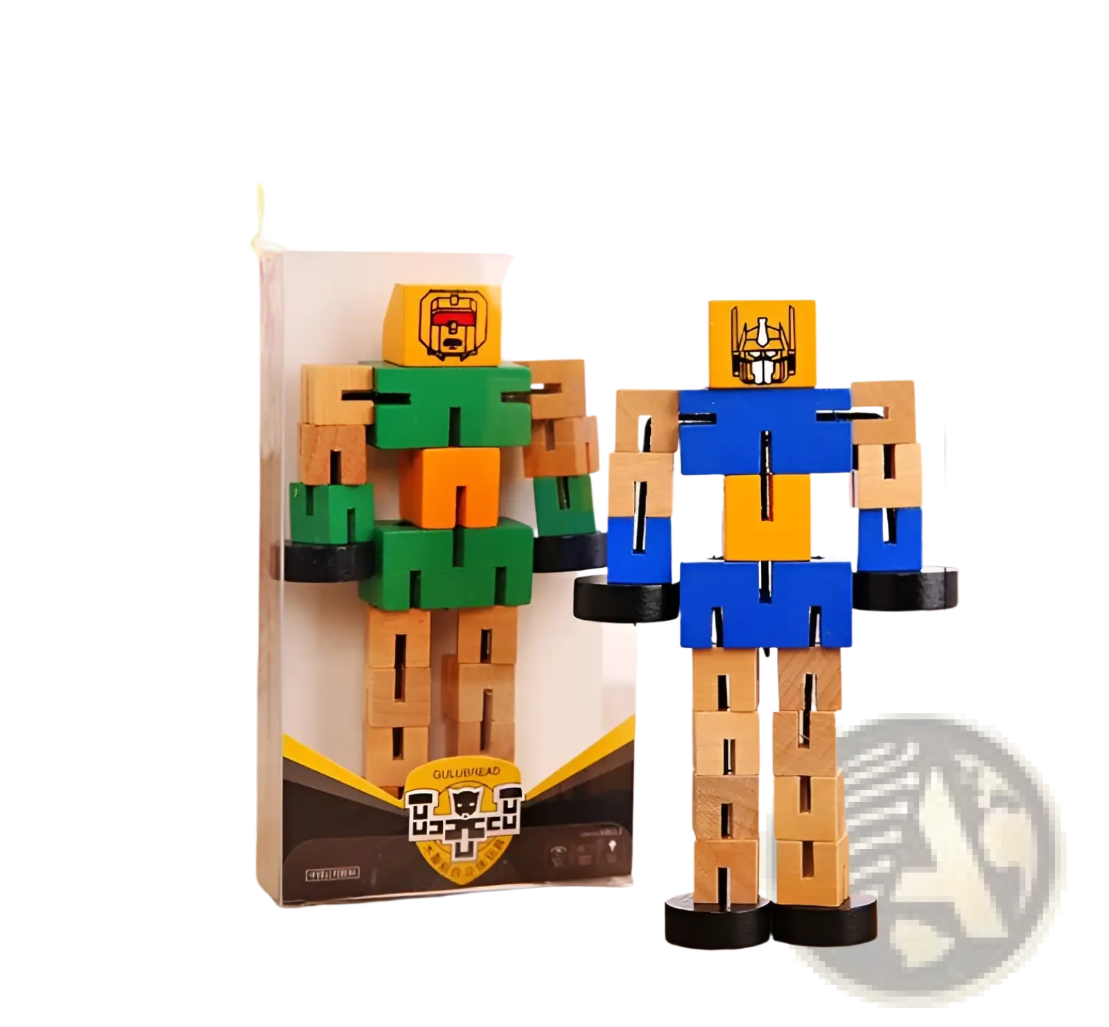 Colorful modular wooden robot toy with blue and yellow body and green arms designed as a puzzle figure for kids