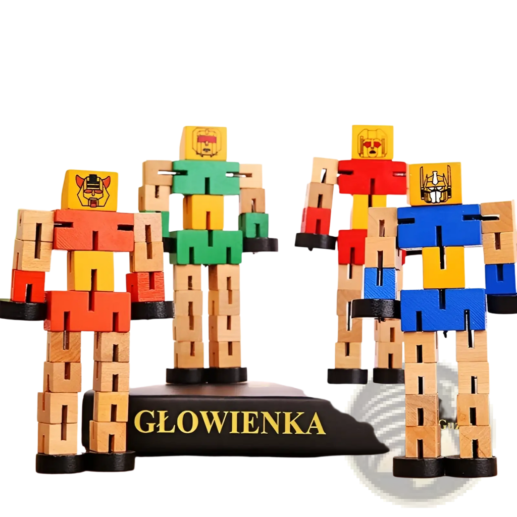 Four colorful wooden robot toys with modular puzzle design and distinct face blocks for kids play and learning
