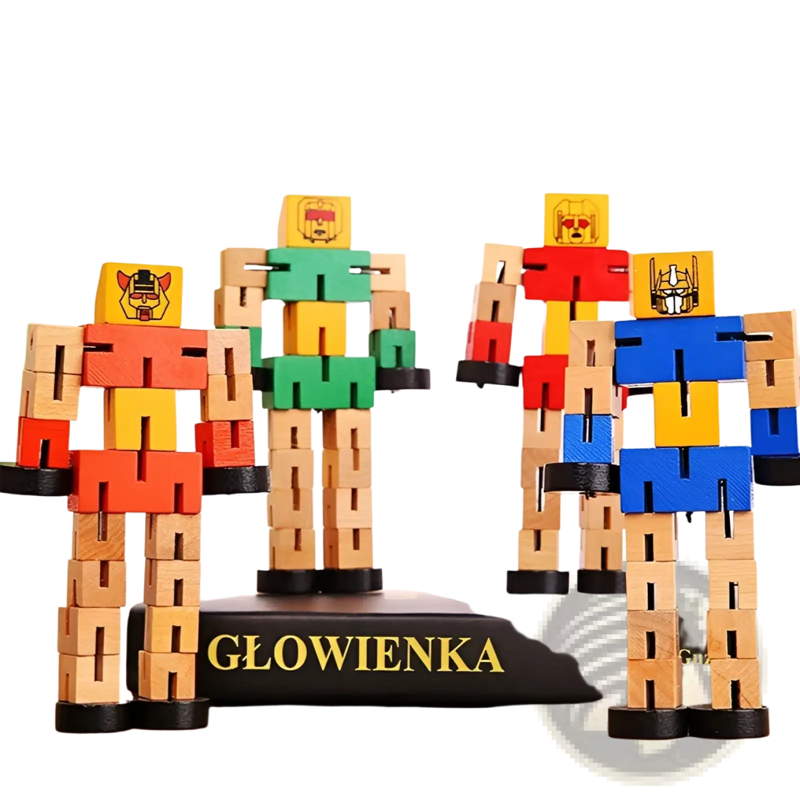 Four colorful wooden robot toys with modular puzzle design and distinct face blocks for kids play and learning