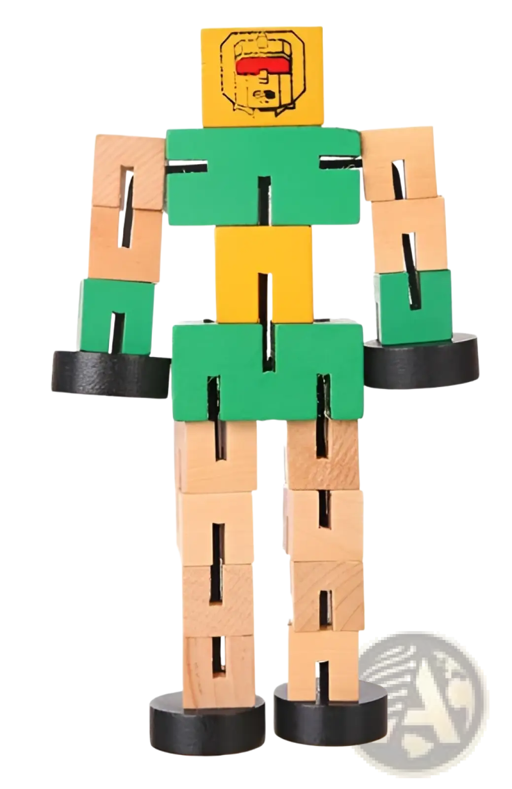 A colorful wooden robot toy with yellow head green limbs and natural wood segments for kids modular puzzle play
