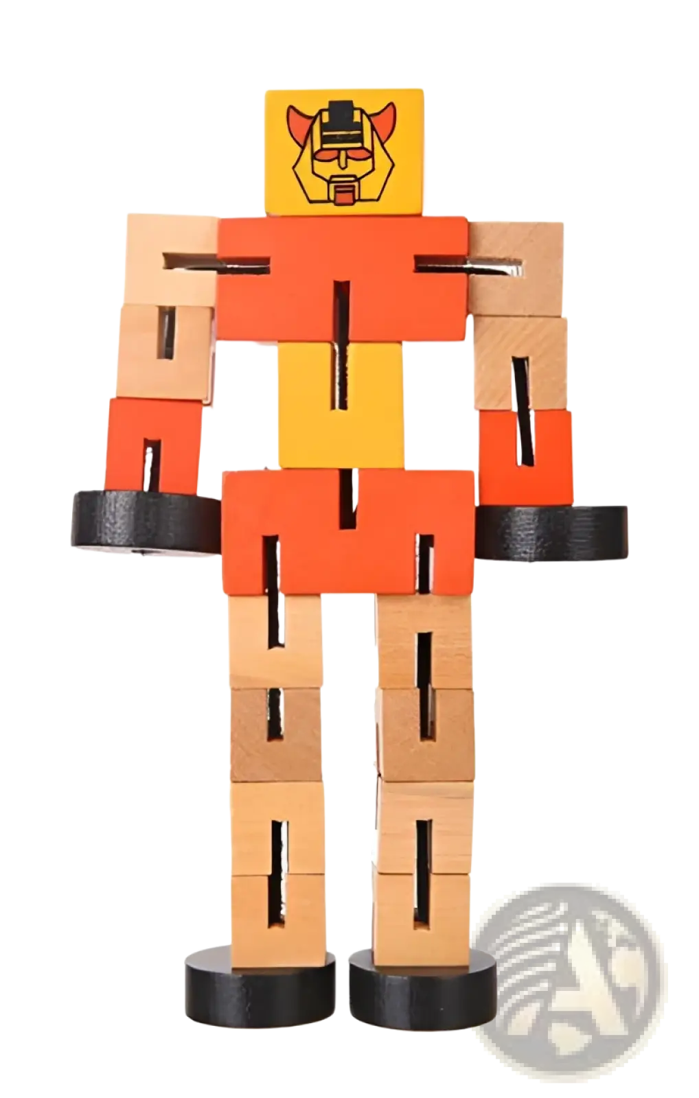 Colorful wooden modular robot toy with yellow head red horns orange torso and light brown limbs for kids puzzle play