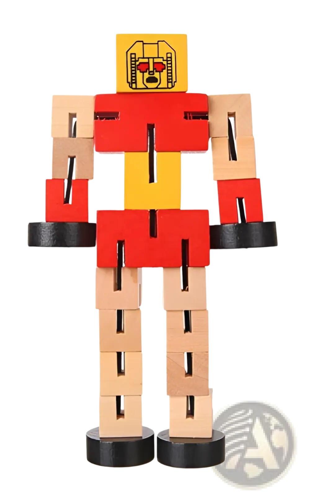 A red and yellow wooden robot toy with black feet and a printed face from wooden robot toys modular puzzle figures for kids