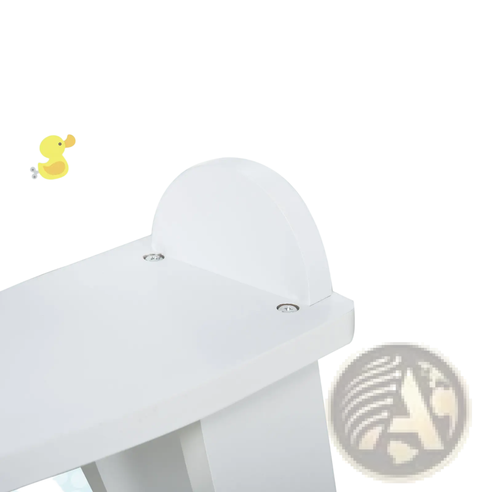 Back side of white plastic safe backrack guard with rounded top and two screws on wooden rocking horse for toddlers
