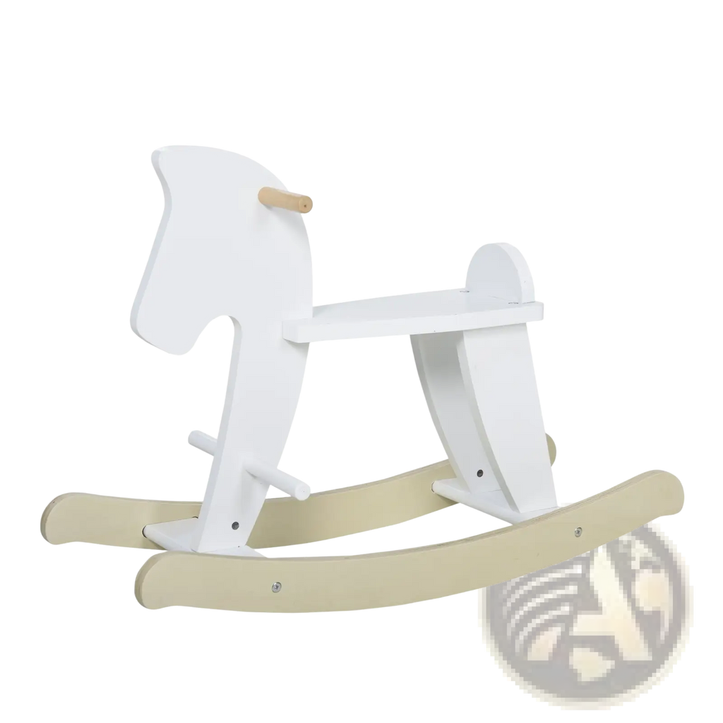 Wooden rocking horse for toddlers in white with light beige curved rockers and a natural wood handle