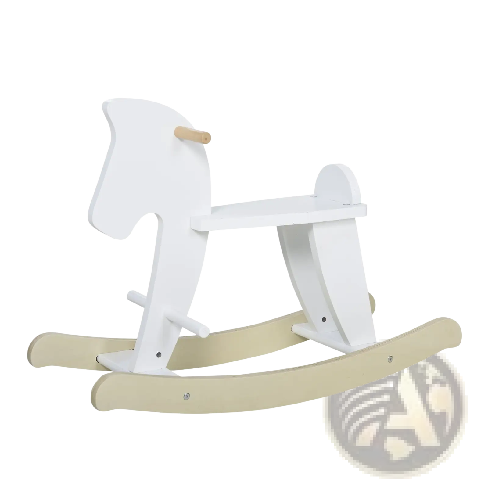Wooden rocking horse for toddlers in white with light beige curved rockers and a natural wood handle