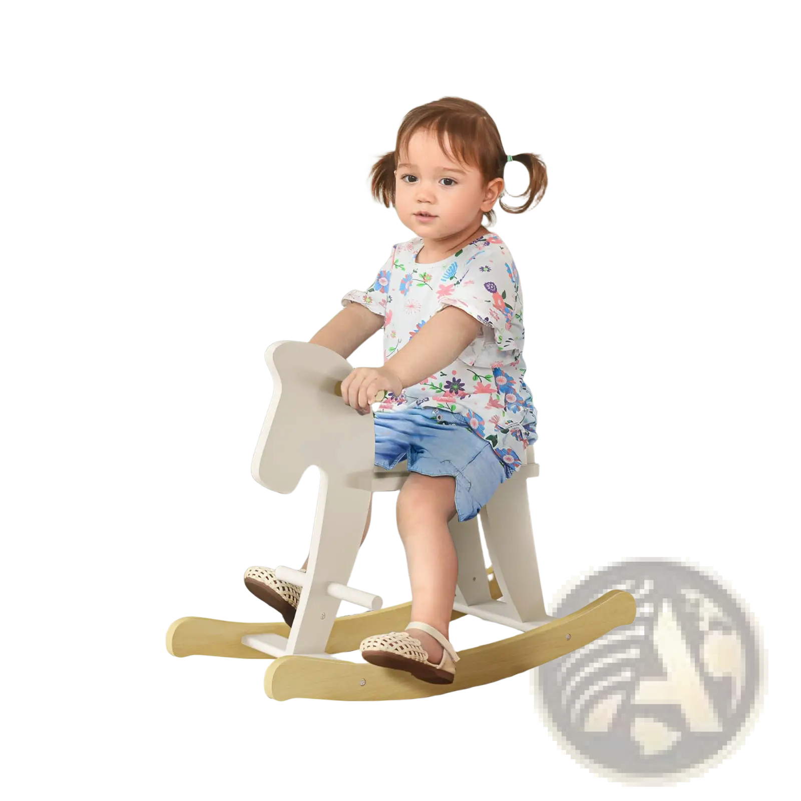 White wooden rocking horse with light wood rocker base designed as a toddler ride on toy
