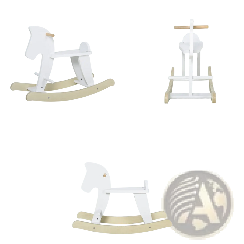 Wooden rocking horse for toddlers in white and light wood designed as a ride on toy for children 1 to 3 years old