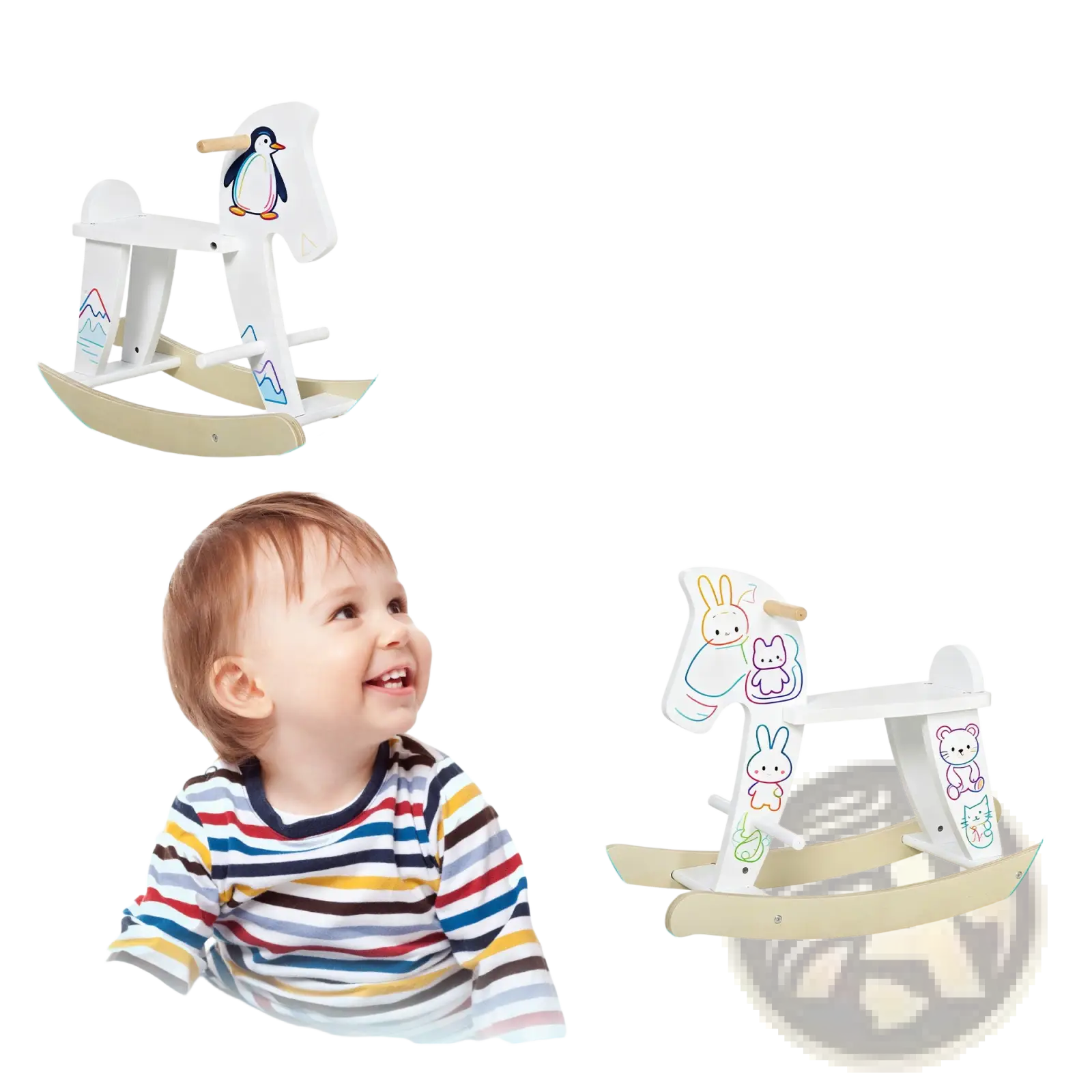 White wooden rocking horse for toddlers with colorful cartoon animal decals ride on toy