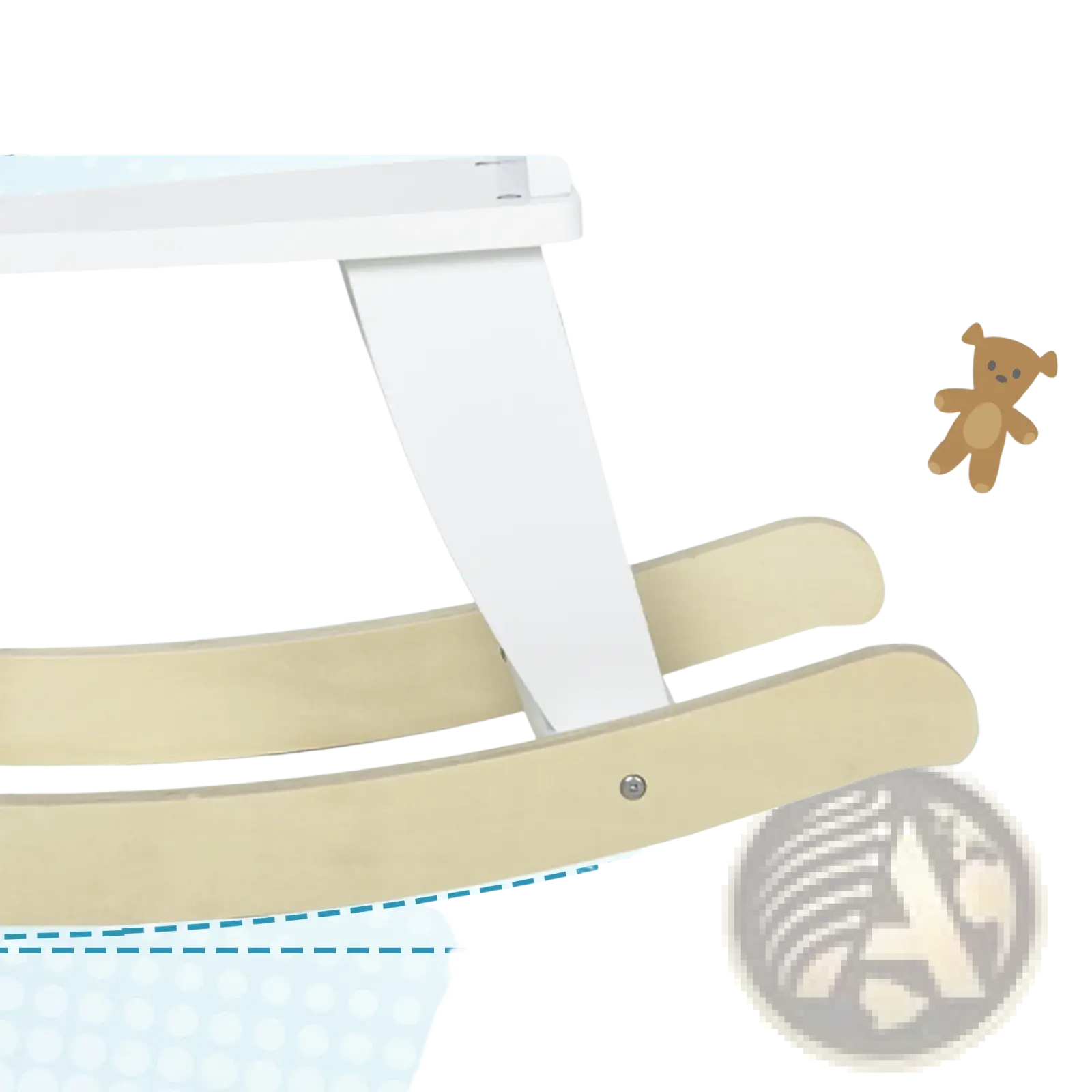 Wooden rocking horse for toddlers in white and natural wood with an anti-rollover design ride on toy