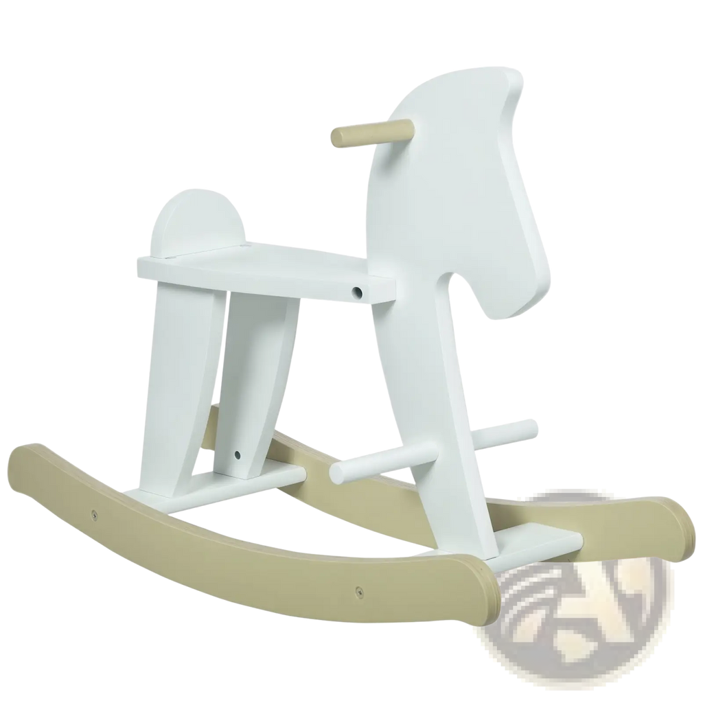 Wooden rocking horse for toddlers in white paint with natural wood rocker and handle for ride on play