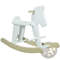 Wooden rocking horse for toddlers in white paint with natural wood rocker and handle for ride on play