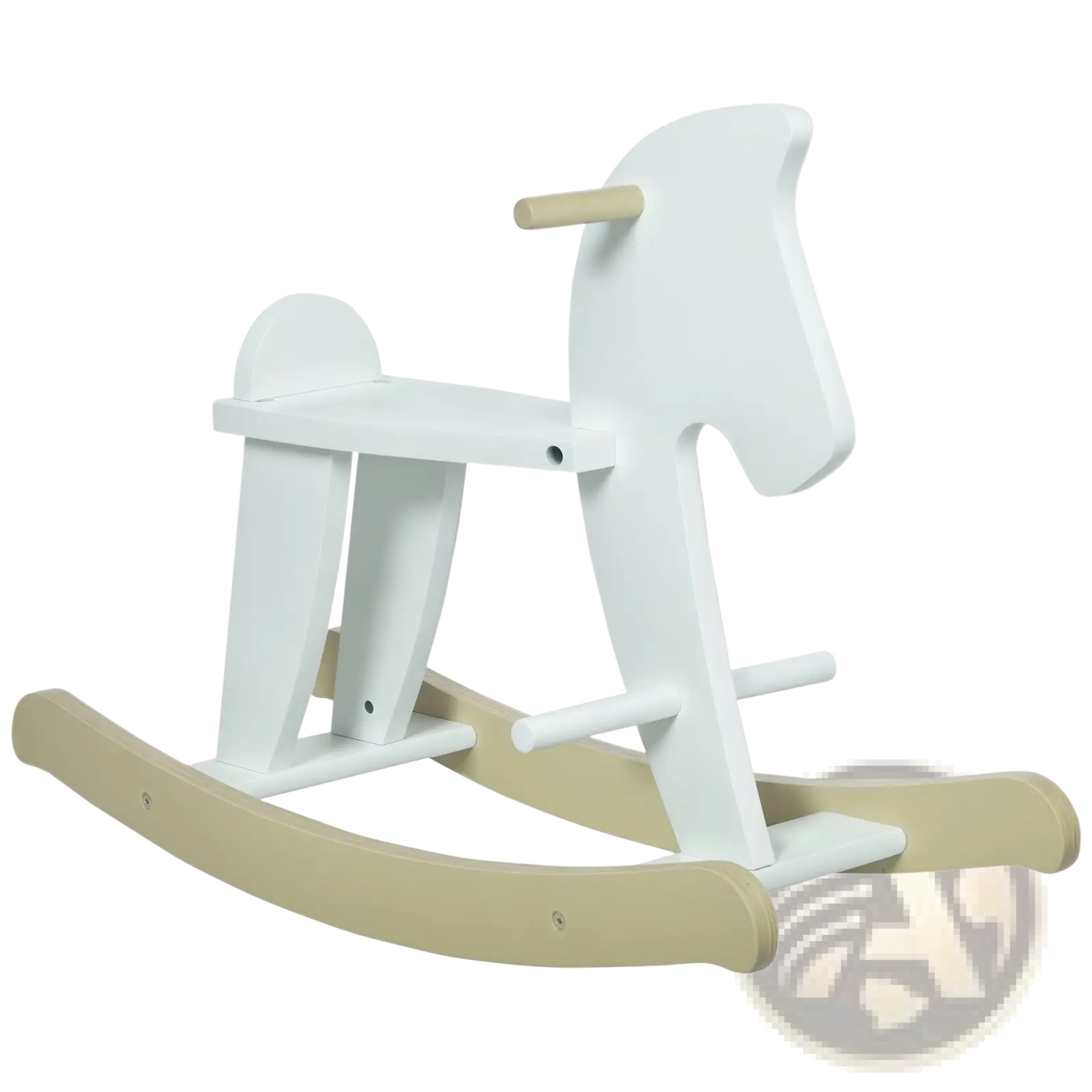 Wooden rocking horse for toddlers in white paint with natural wood rocker and handle for ride on play