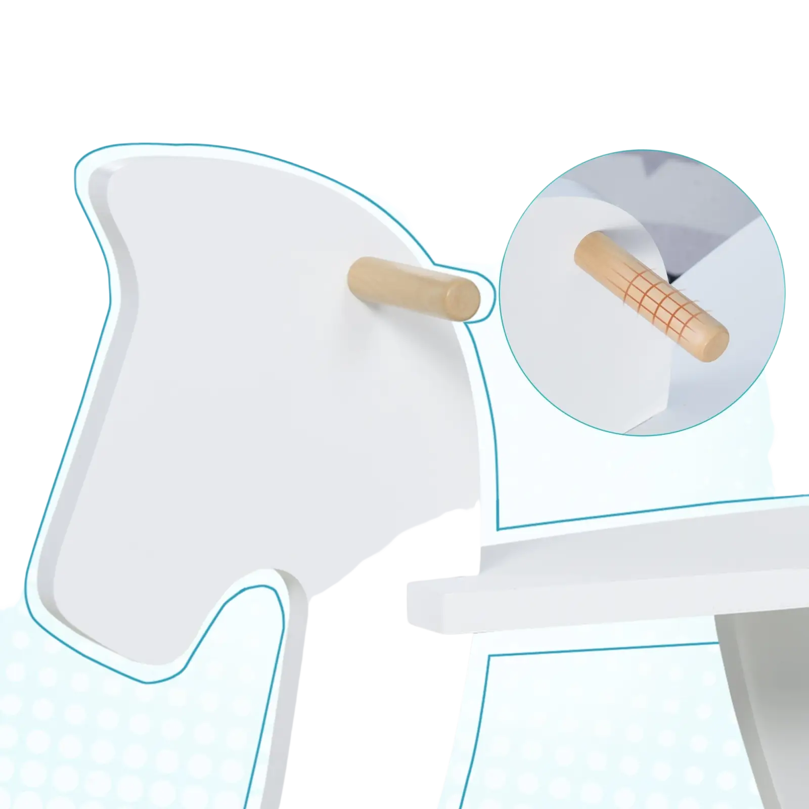 White wooden rocking horse for toddlers with a smooth light-colored handle and ride-on design