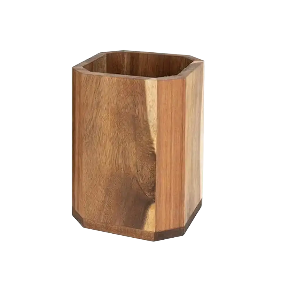 Hexagonal wooden rotating kitchen utensil holder with natural wood grain finish in light to dark brown tones