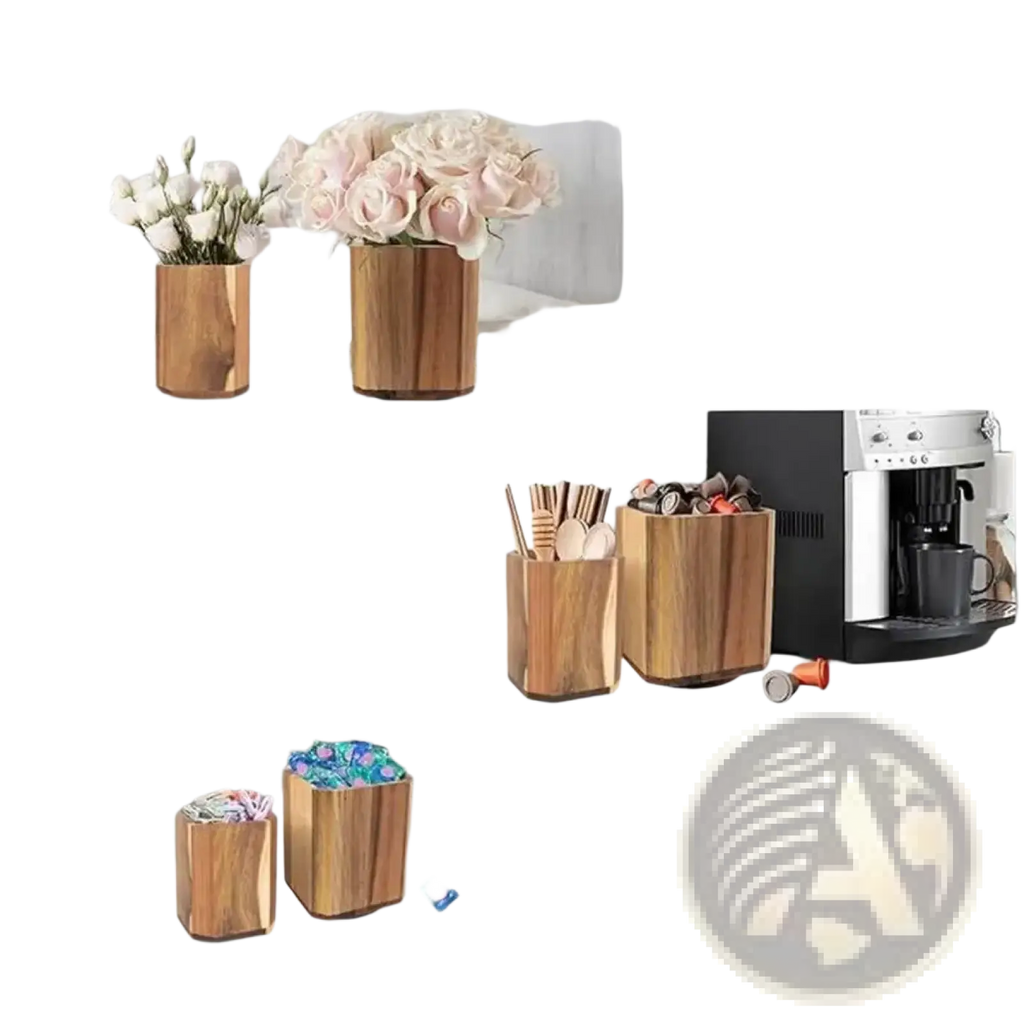 Wooden rotating kitchen utensil holder in natural finish with hexagonal design for versatile storage use