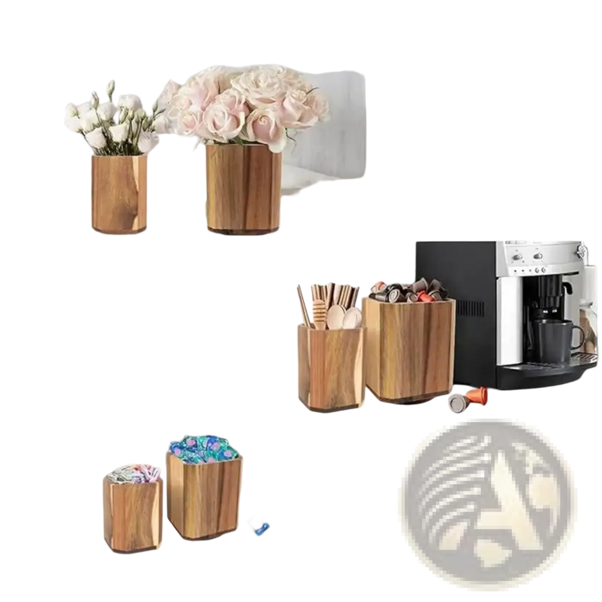 Wooden rotating kitchen utensil holder in natural finish with hexagonal design for versatile storage use