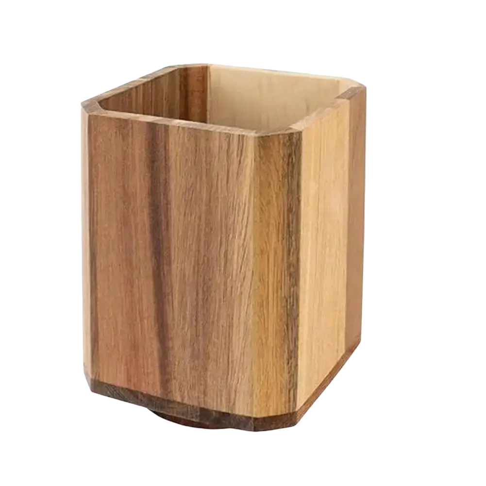 Hexagonal wooden rotating kitchen utensil holder with natural wood grain finish and darker stained base