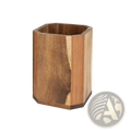 Hexagonal wooden rotating kitchen utensil holder with natural wood grain finish in light to dark brown tones