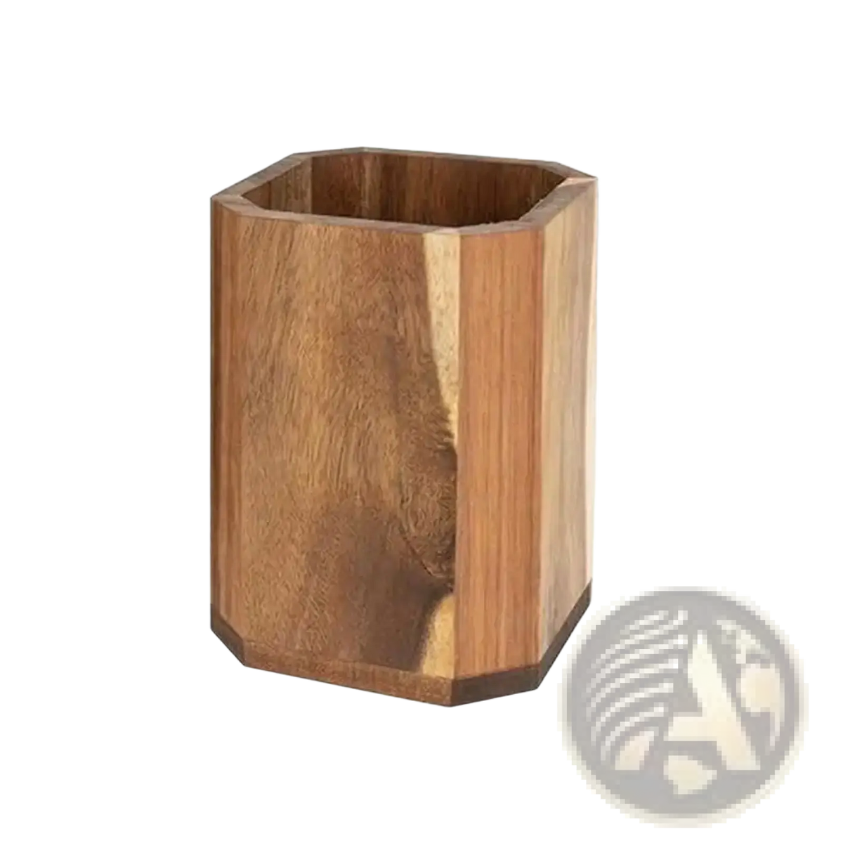Hexagonal wooden rotating kitchen utensil holder with natural wood grain finish in light to dark brown tones