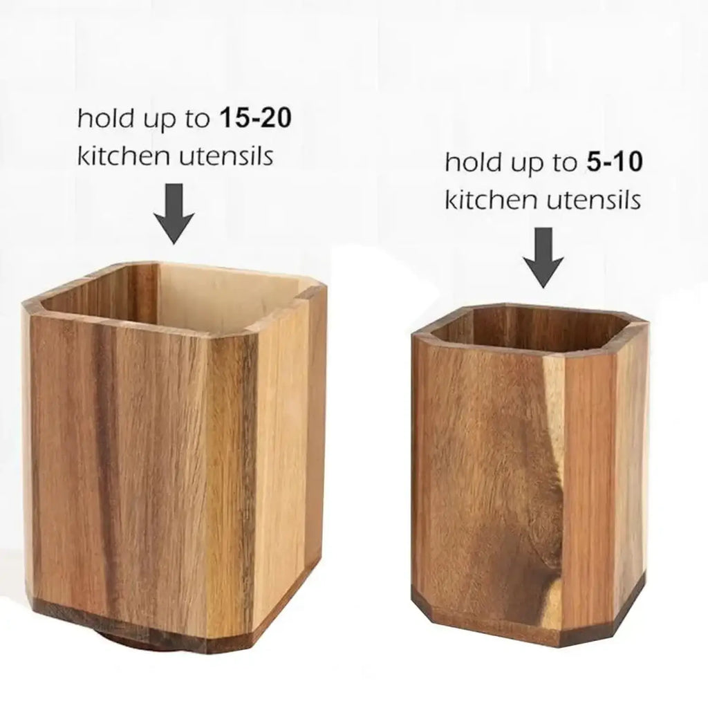 Two hexagonal wooden rotating kitchen utensil holders in different sizes for countertop organization
