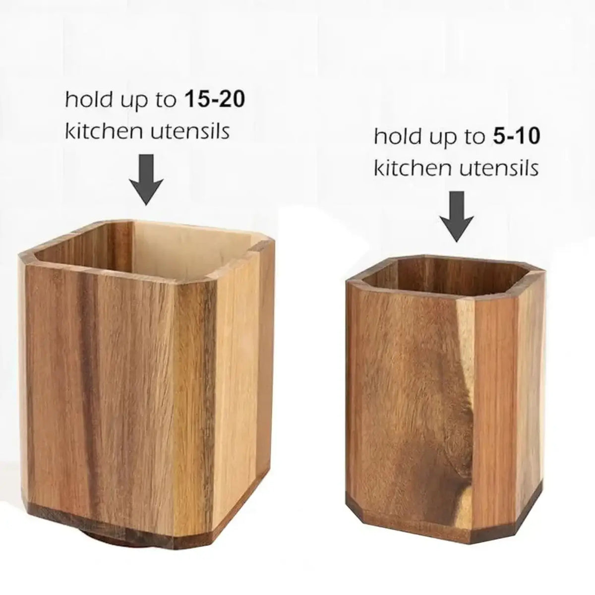 Two hexagonal wooden rotating kitchen utensil holders in different sizes for countertop organization
