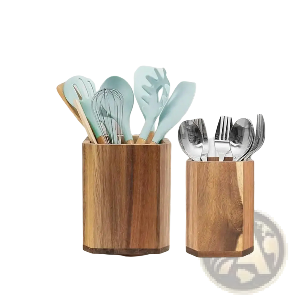 Two hexagonal wooden rotating kitchen utensil holders on countertop, one with blue silicone tools and one with stainless cutlery