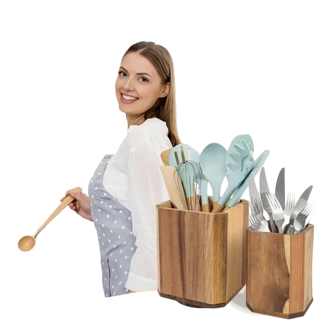 Two wooden rotating kitchen utensil holders in natural wood with light blue silicone tools and silverware for countertop organization