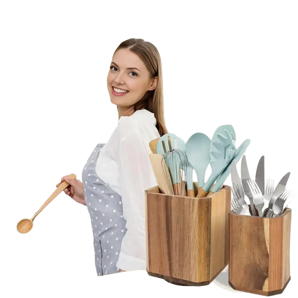 Two wooden rotating kitchen utensil holders in natural wood with light blue silicone tools and silverware for countertop organization
