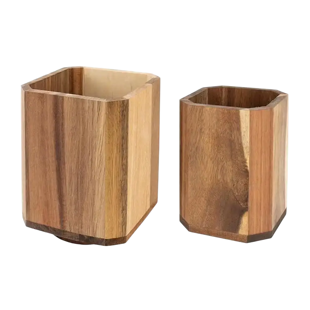 Two hexagonal wooden rotating kitchen utensil holder countertop organizers with natural wood grain medium brown finish
