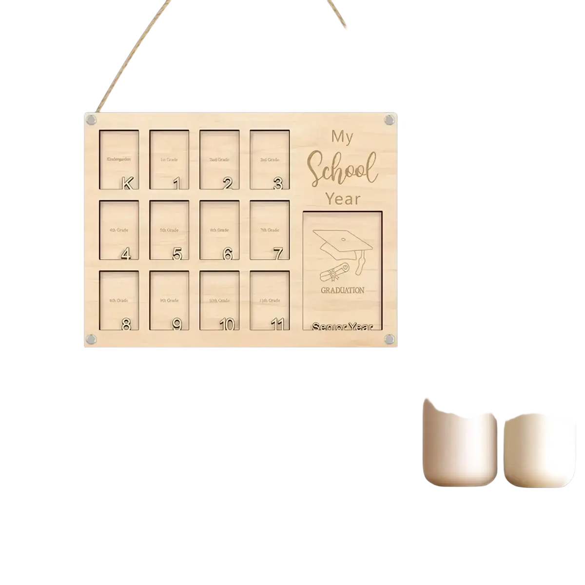 Light-colored wooden school year photo frame with engraved compartments and a graduation-themed section for display