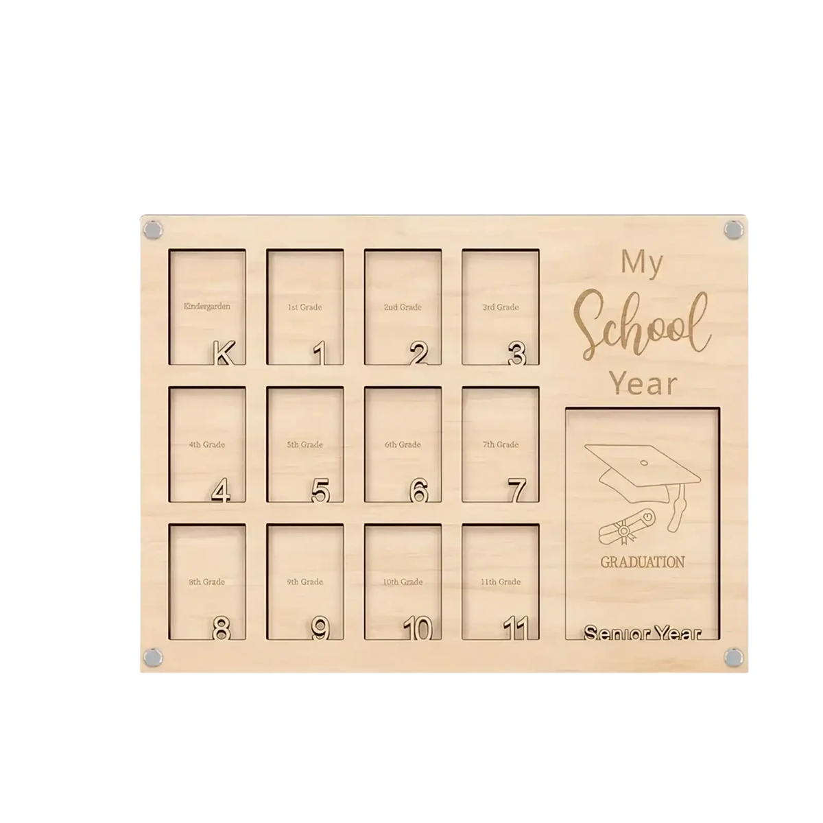 Light-colored wooden school year photo frame with engraved grade slots and graduation illustration for display