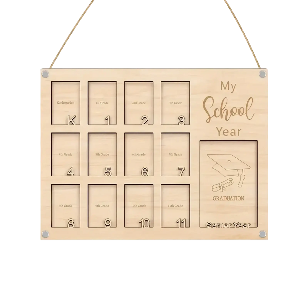 Light-colored wooden school year photo frame with engraved grade slots and a graduation design for display